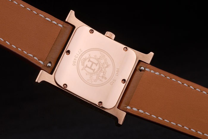 Hermes Heure H Rose Gold Diamond Encrusted Bezel Tan Leather Strap White Dial 80236 - Image 7