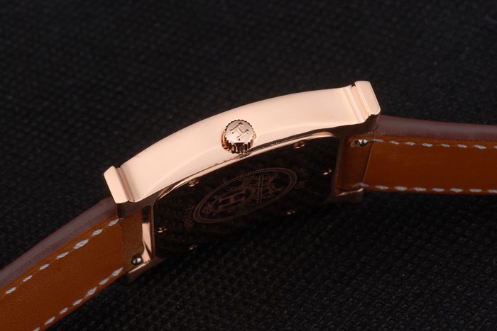 Hermes Heure H Rose Gold Diamond Encrusted Bezel Tan Leather Strap White Dial 80236 - Image 8