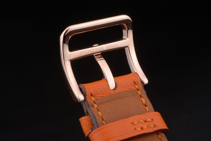 Hermes Heure H Rose Gold Diamond Encrusted Bezel Orange Leather Strap White Dial 80237 - Image 10