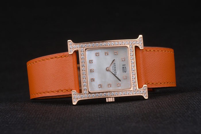Hermes Heure H Rose Gold Diamond Encrusted Bezel Orange Leather Strap White Dial 80237 - Image 4