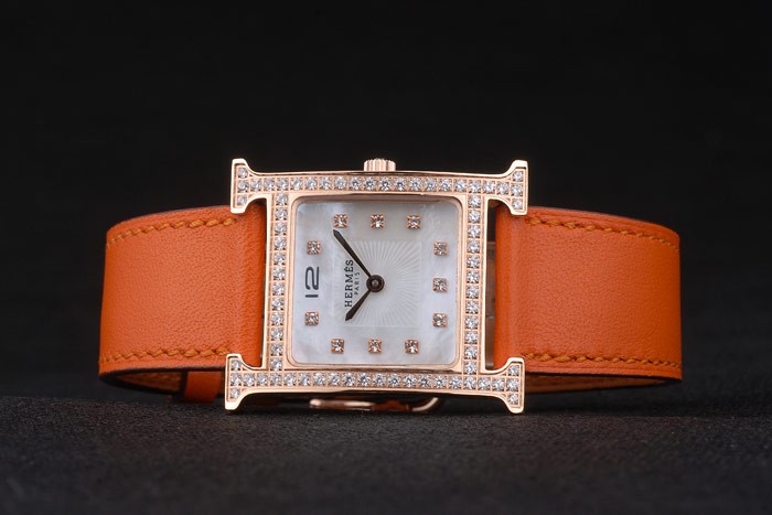 Hermes Heure H Rose Gold Diamond Encrusted Bezel Orange Leather Strap White Dial 80237 - Image 5