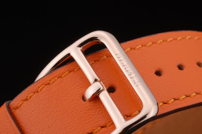 Hermes Heure H Rose Gold Diamond Encrusted Bezel Orange Leather Strap White Dial 80237 - Image 6