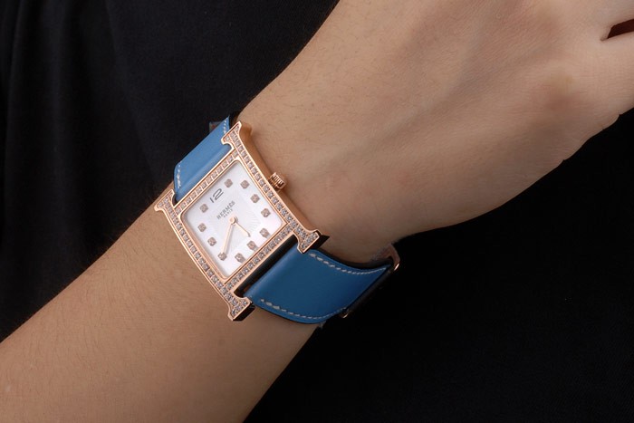 Hermes Heure H Rose Gold Diamond Encrusted Bezel Blue Leather Strap White Dial 80238 - Image 2