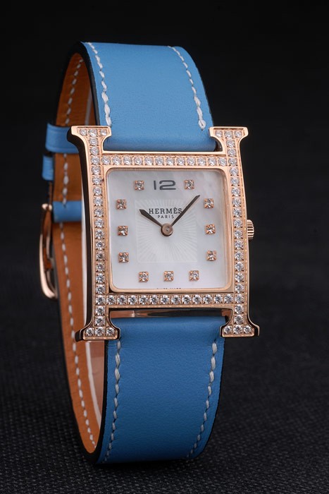 Hermes Heure H Rose Gold Diamond Encrusted Bezel Blue Leather Strap White Dial 80238 - Image 3