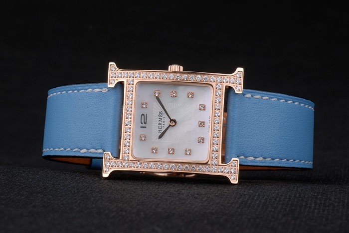 Hermes Heure H Rose Gold Diamond Encrusted Bezel Blue Leather Strap White Dial 80238 - Image 4