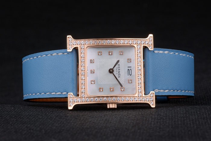 Hermes Heure H Rose Gold Diamond Encrusted Bezel Blue Leather Strap White Dial 80238 - Image 5