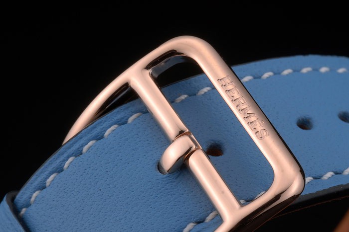 Hermes Heure H Rose Gold Diamond Encrusted Bezel Blue Leather Strap White Dial 80238 - Image 6