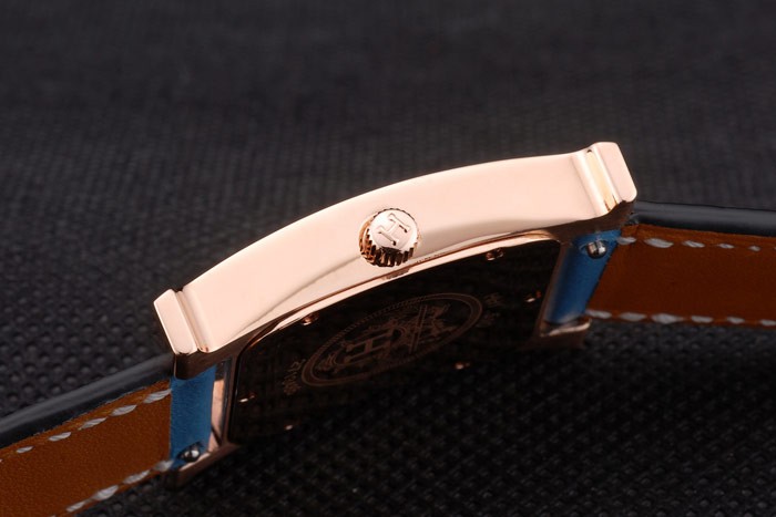 Hermes Heure H Rose Gold Diamond Encrusted Bezel Blue Leather Strap White Dial 80238 - Image 8