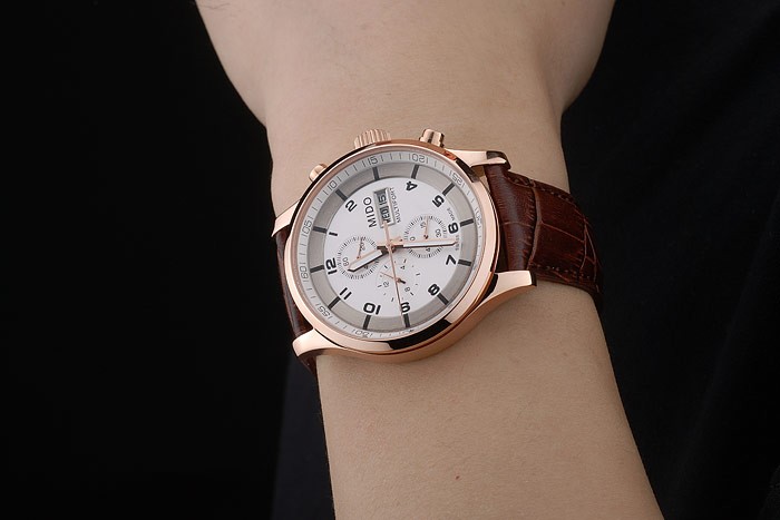 Mido Multifort Rose Gold Stainless Steel Bezel Brown Croco Leather Bracelet White Dial 80280 - Image 3