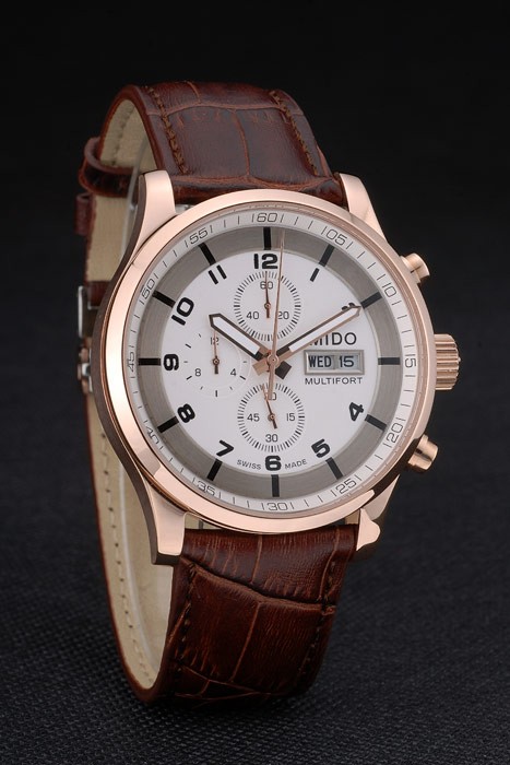 Mido Multifort Rose Gold Stainless Steel Bezel Brown Croco Leather Bracelet White Dial 80280 - Image 4