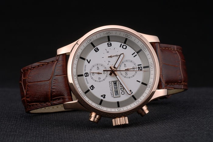 Mido Multifort Rose Gold Stainless Steel Bezel Brown Croco Leather Bracelet White Dial 80280 - Image 5