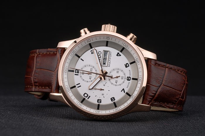 Mido Multifort Rose Gold Stainless Steel Bezel Brown Croco Leather Bracelet White Dial 80280 - Image 6